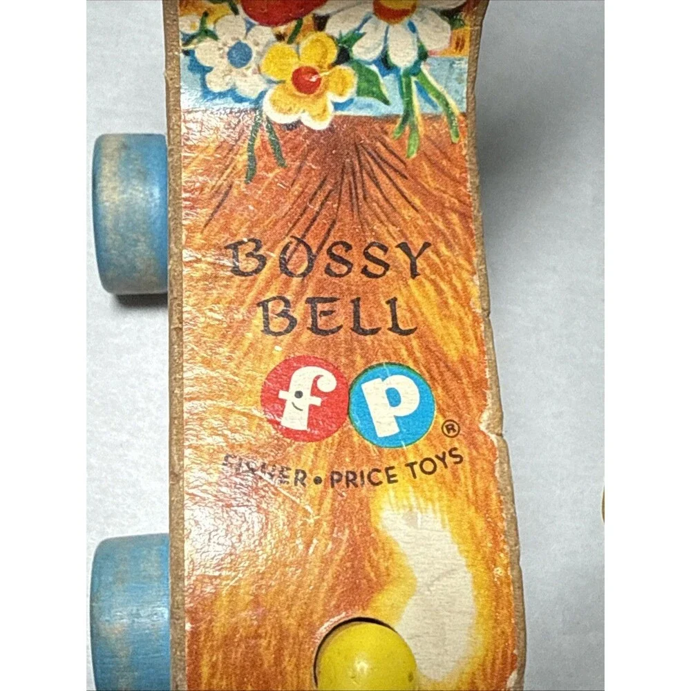 Fisher Price Vintage 1960s Bossy Bell Wooden Cow Pull Toy Tail Spins Cow Bell